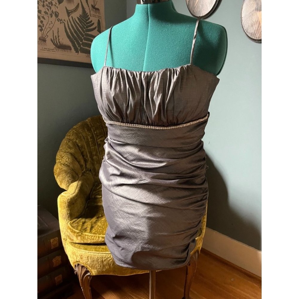 Y2K Grey Strappy Mini Dress with Ruching and Pickups, Silver Rhinestone Waistlin